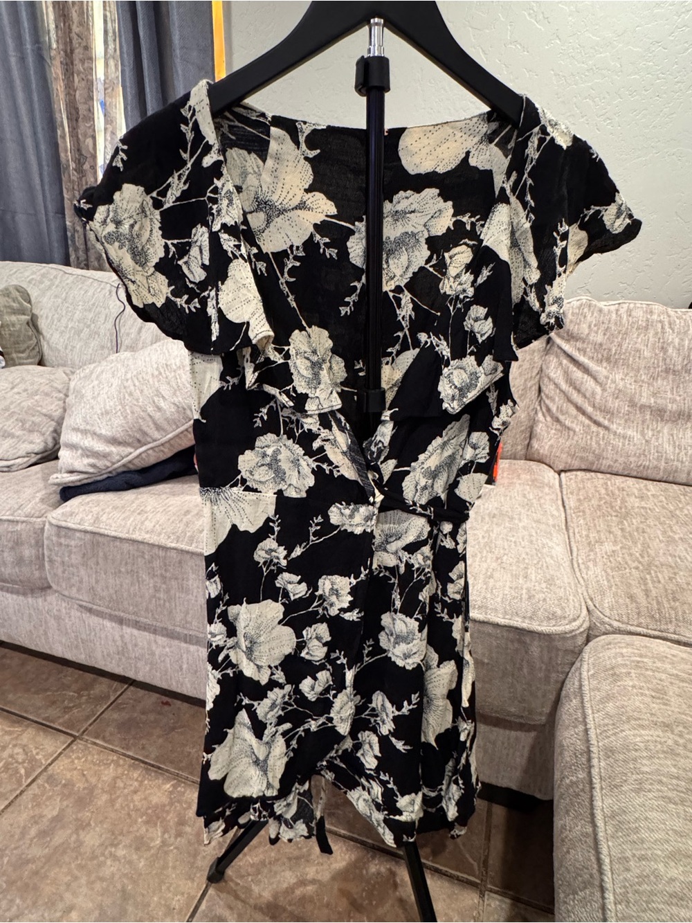 Free People French Quarter Black Floral Wrap Dress with Cream Flowers